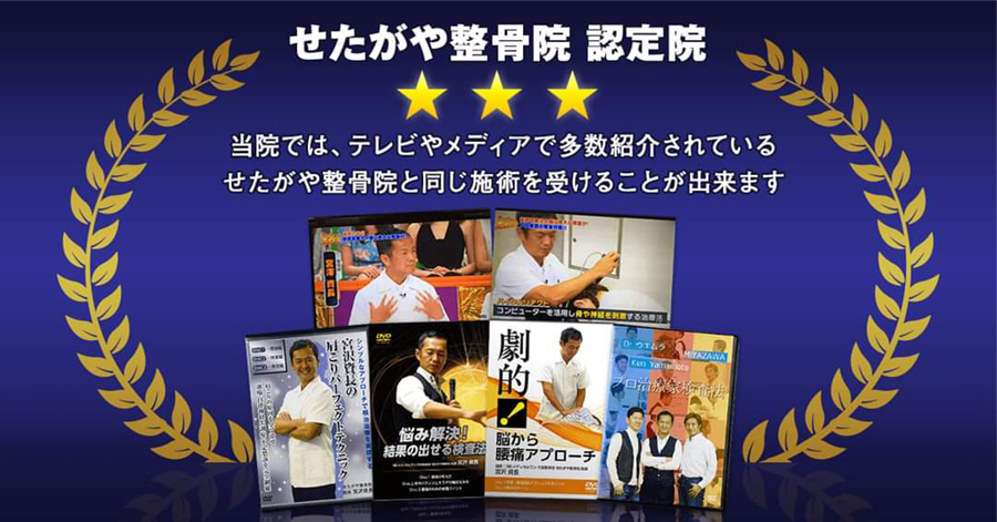 当院では、テレビやメディアで多数紹介されている せたがや整骨院と同じ施術を受けることができます
